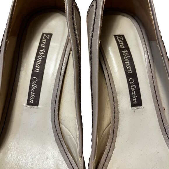 Taupe Zara Women’s Heels size 37 Gold Tone Metal Detail. Contrast Stitching - Picture 12 of 14